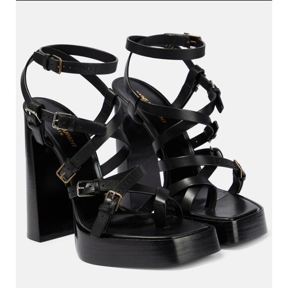 Saint Laurent Platz 38/ US 8 Multi Buckle Strappy Platform Sandal Black Leather - Picture 1 of 14